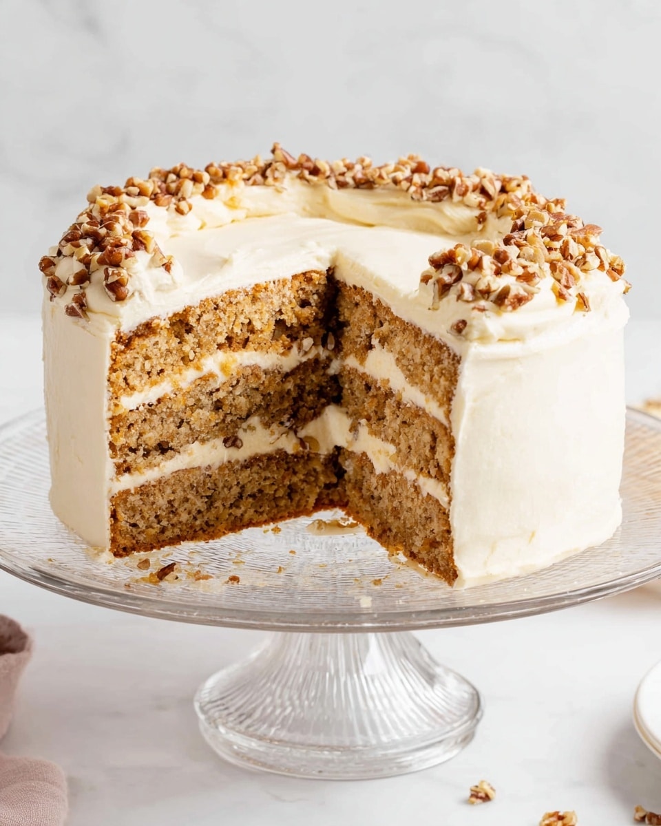 A three-layer cake is shown with light brown, moist, and crumbly sponge layers with visible small nuts and dark specks inside. Between each sponge layer, there is a medium-thick spread of creamy white frosting. The outside of the cake is fully covered in the same smooth white frosting, with a circle of chopped brown pecans spread around the top edge. A single slice has been cut and placed on a white plate in the foreground, showing the texture of the cake and frosting more closely. The cake is displayed on a clear glass cake stand with vertical ridges, set on a white marbled surface. photo taken with an iphone --ar 4:5 --v 7