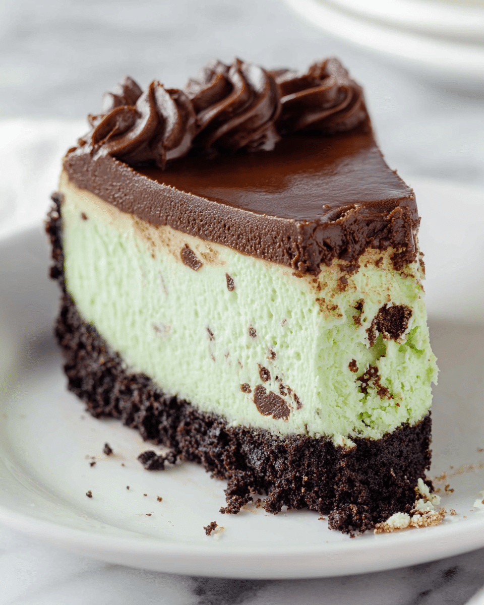The image shows a layered cake on a clear glass stand placed on a white marbled surface. The cake has four distinct layers: the bottom layer is a dark, dense chocolate base, above it is a light green layer with dark cookie crumbs mixed inside, topped by a thin, smooth chocolate layer, and finished with a thick, glossy swirled chocolate frosting covering the top. A slice is cut out, revealing the textures and colors of each layer clearly. Photo taken with an iphone --ar 4:5 --v 7