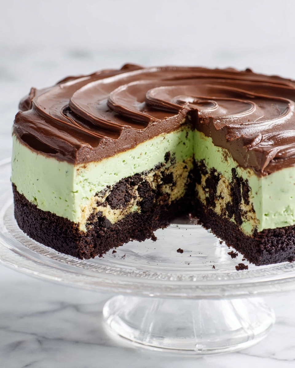 A slice of dessert with three layers sits on a white plate over a white marbled surface. The bottom layer is dark, crumbly chocolate crust. The middle layer is thick, light green cheesecake with a smooth, creamy texture and small dark spots inside. The top layer is a smooth, thick dark brown chocolate ganache with swirled peaks. Crumbs and small bits of the dessert scatter near the base of the slice. Photo taken with an iphone --ar 4:5 --v 7