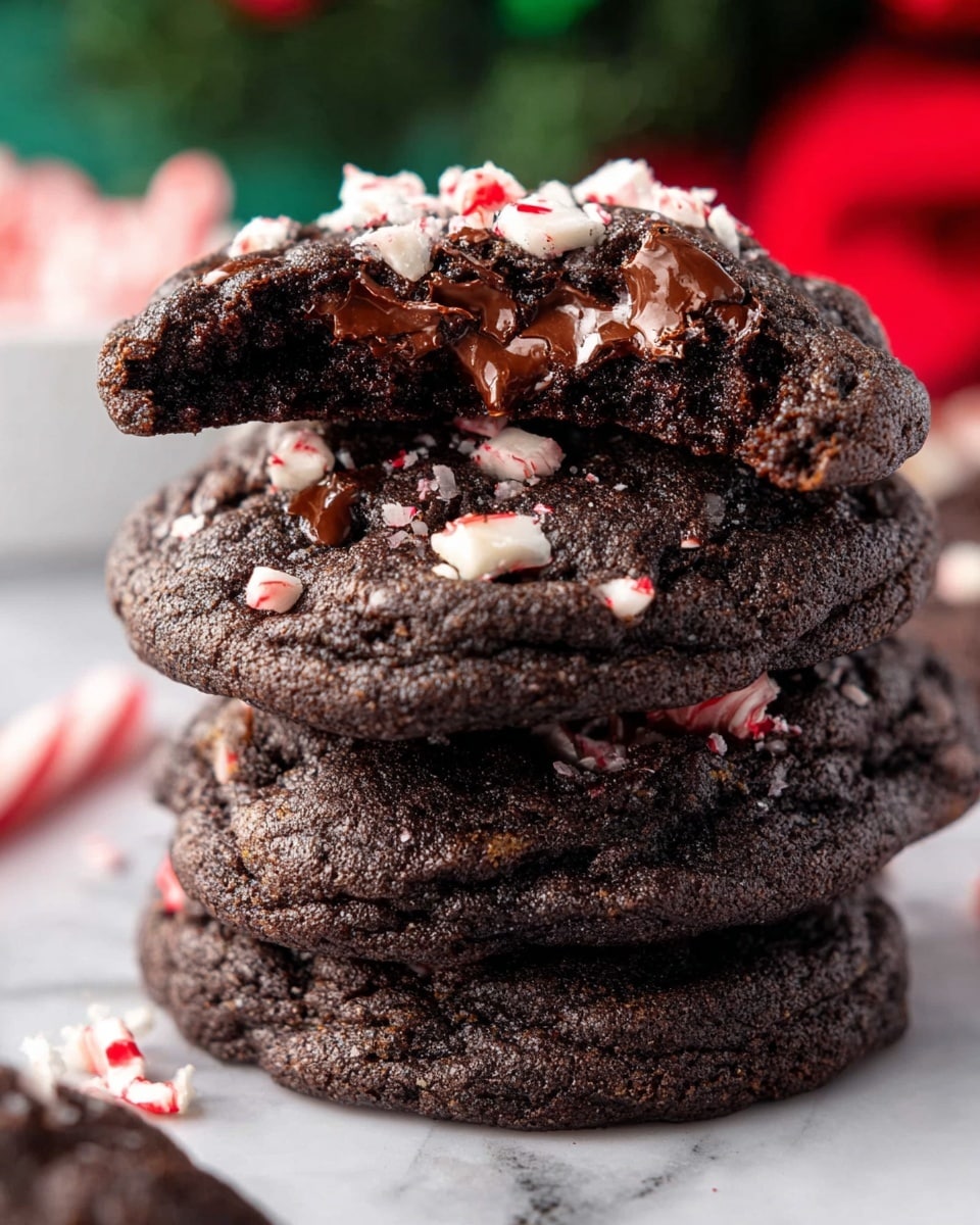 A close-up of a stack of four thick, dark chocolate cookies with a moist, soft texture. The cookies have a rich black-brown color with visible chunks of melted chocolate inside, especially noticeable in the top cookie, which has a bite taken out revealing gooey chocolate on the inside. The top cookie is decorated with broken pieces of white and red peppermint candy, some scattered lightly on the other cookies. The background is softly blurred with festive red and green colors, all set on a white marbled surface. photo taken with an iphone --ar 4:5 --v 7