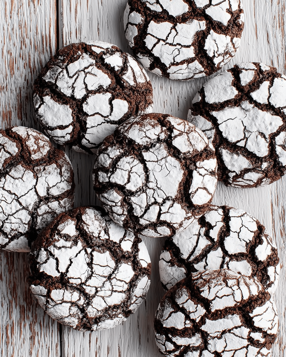 The image shows seven round chocolate cookies with a cracked surface, each covered in a layer of white powdered sugar that fills the cracks, creating a striking contrast with the dark brown cookie base. The cookies have a rough, slightly uneven texture and are arranged on a rustic wooden surface. The powdered sugar layer looks thick but fragile, with some areas revealing more of the cookie underneath through deeper cracks. The cookies are placed close to each other, occupying the whole frame in a tight composition. photo taken with an iphone --ar 4:5 --v 7
