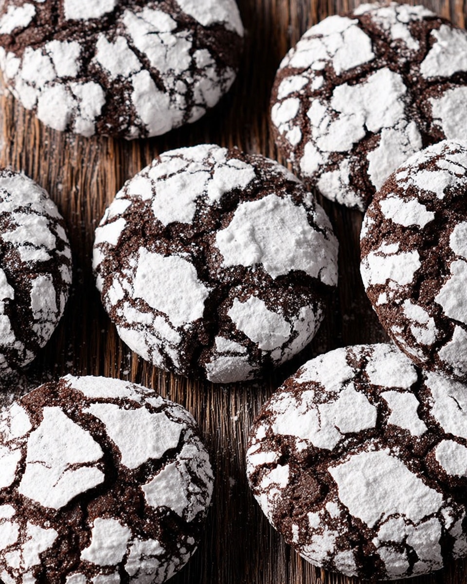 Seven round chocolate cookies are scattered on a white marbled wooden surface, each cookie covered with a cracked layer of white powdered sugar that reveals the dark brown chocolate underneath. The cookies have a rough, textured surface with an irregular cracked pattern, showing a contrast between the bright white sugar and deep brown chocolate dough. The cracks are wide, creating an almost mosaic-like effect on the cookies. photo taken with an iphone --ar 4:5 --v 7