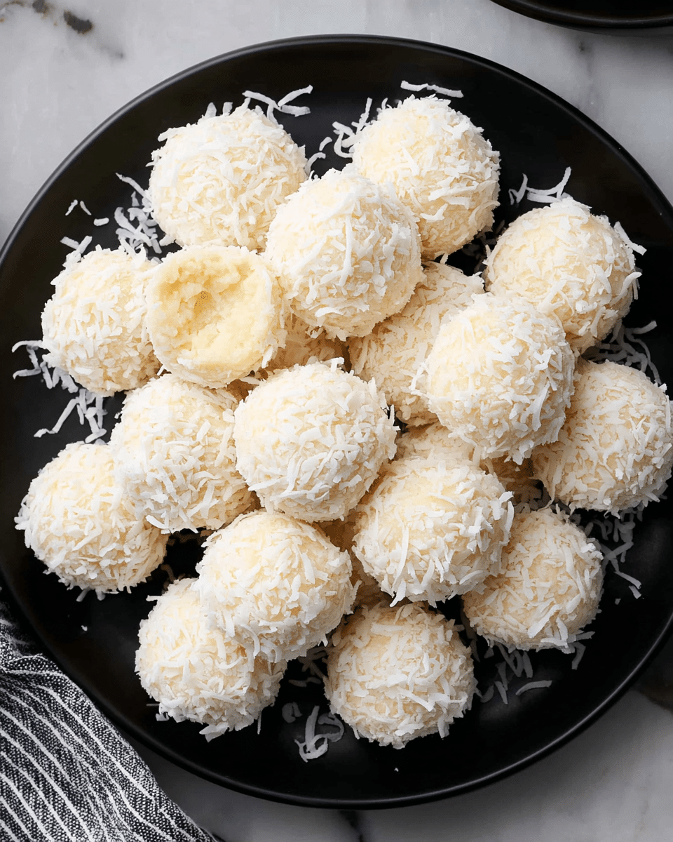 A black round plate filled with about twenty small, round white balls covered fully with shredded coconut. Each ball has a rough texture due to the coconut flakes, and one ball is slightly broken, showing a creamy, soft inside of a pale yellow color. The plate is placed on a white marbled surface scattered with loose coconut shreds. A striped cloth is partially visible on the lower left corner. Photo taken with an iphone --ar 4:5 --v 7