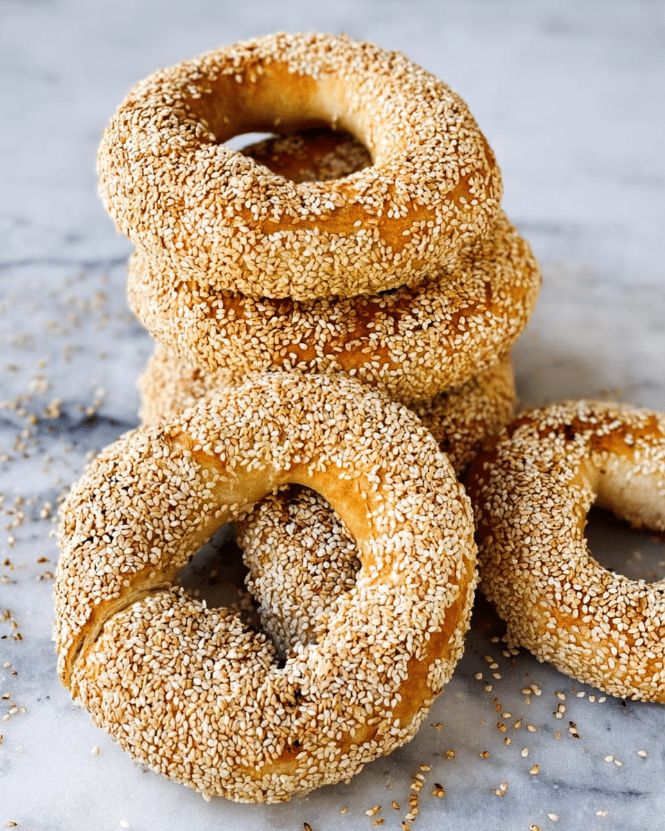 The image shows five golden-brown, round bagels all covered with a thick layer of light beige sesame seeds, giving them a rough and textured look. The bagels are stacked and touching each other in a slightly disorderly pile on a white marbled surface, with some seeds scattered around them, adding a natural and fresh feel. The bagels have a shiny, baked crust with small cracks visible beneath the seeds, showing the softness inside. photo taken with an iphone --ar 4:5 --v 7