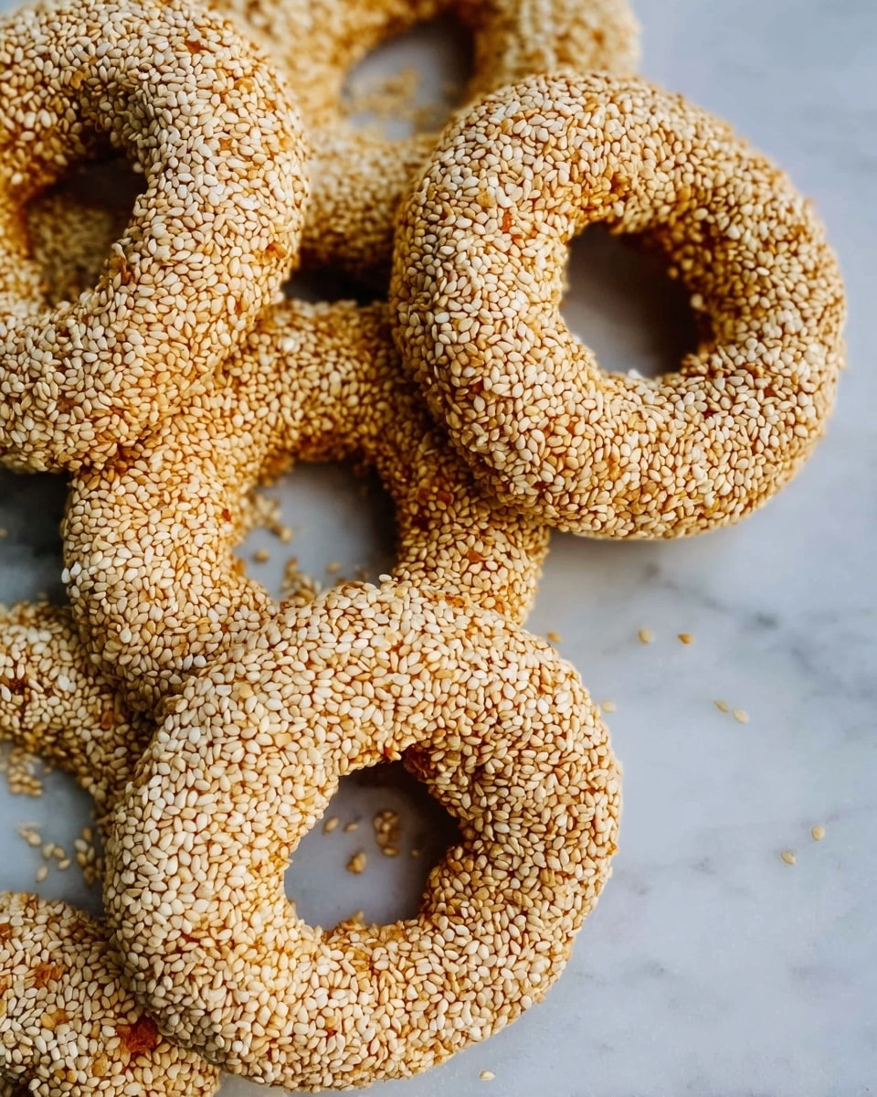 The image shows several oval-shaped baked rings covered entirely with small, off-white sesame seeds, giving them a rough and textured surface. Each ring has a light golden-brown base color visible between the dense layer of sesame seeds. The rings are stacked randomly on a white marbled surface, with some sesame seeds scattered around them. The texture of the rings looks crispy and crunchy, with a slight shine indicating they are fresh. photo taken with an iphone --ar 4:5 --v 7
