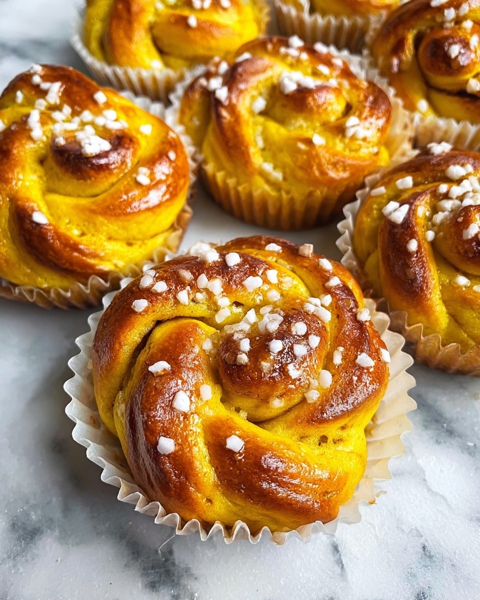 The image shows multiple twisted yellow buns with a soft, slightly browned crust and a textured surface, each sitting in a white fluted paper cup. The tops of the buns are sprinkled with coarse white sugar, adding a rough, crunchy look. The buns are arranged closely together on a white marbled surface, with visible swirls and folds highlighting their layered, spiral shape. The golden-yellow color contrasts with the darker browned edges, giving a warm and fresh baked appearance. photo taken with an iphone --ar 4:5 --v 7