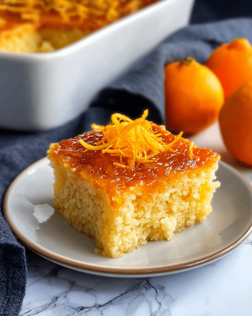 A square piece of orange cake sits at the center of a white plate, showing a thick, soft, and moist crumb texture. The cake has one visible layer with a golden-brown top that looks slightly caramelized, topped with thin, curly strips of bright orange zest. In the background, a white dish holds the remaining cake with the same caramelized surface, and two whole oranges are visible. The setting is on a white marbled surface with a dark gray cloth partially visible behind the plate. Photo taken with an iphone --ar 4:5 --v 7