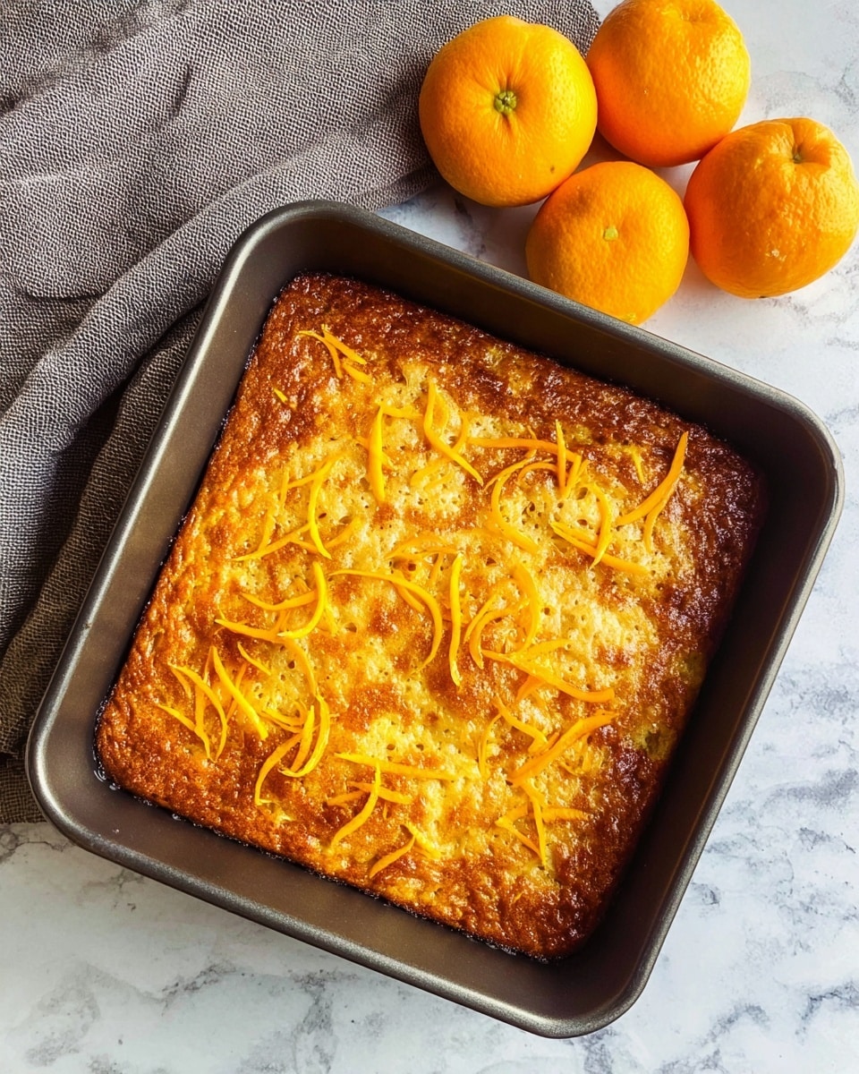 The image shows a square baked dessert in a dark metal pan, with a golden brown top layer that looks slightly crispy. Thin, curly orange zest strips are spread evenly across the surface, adding a bright orange touch to the warm brown texture. The dessert looks moist inside with some lighter and darker spots. The pan rests on a white marbled surface next to a folded gray cloth and three whole bright orange fruits. photo taken with an iphone --ar 4:5 --v 7