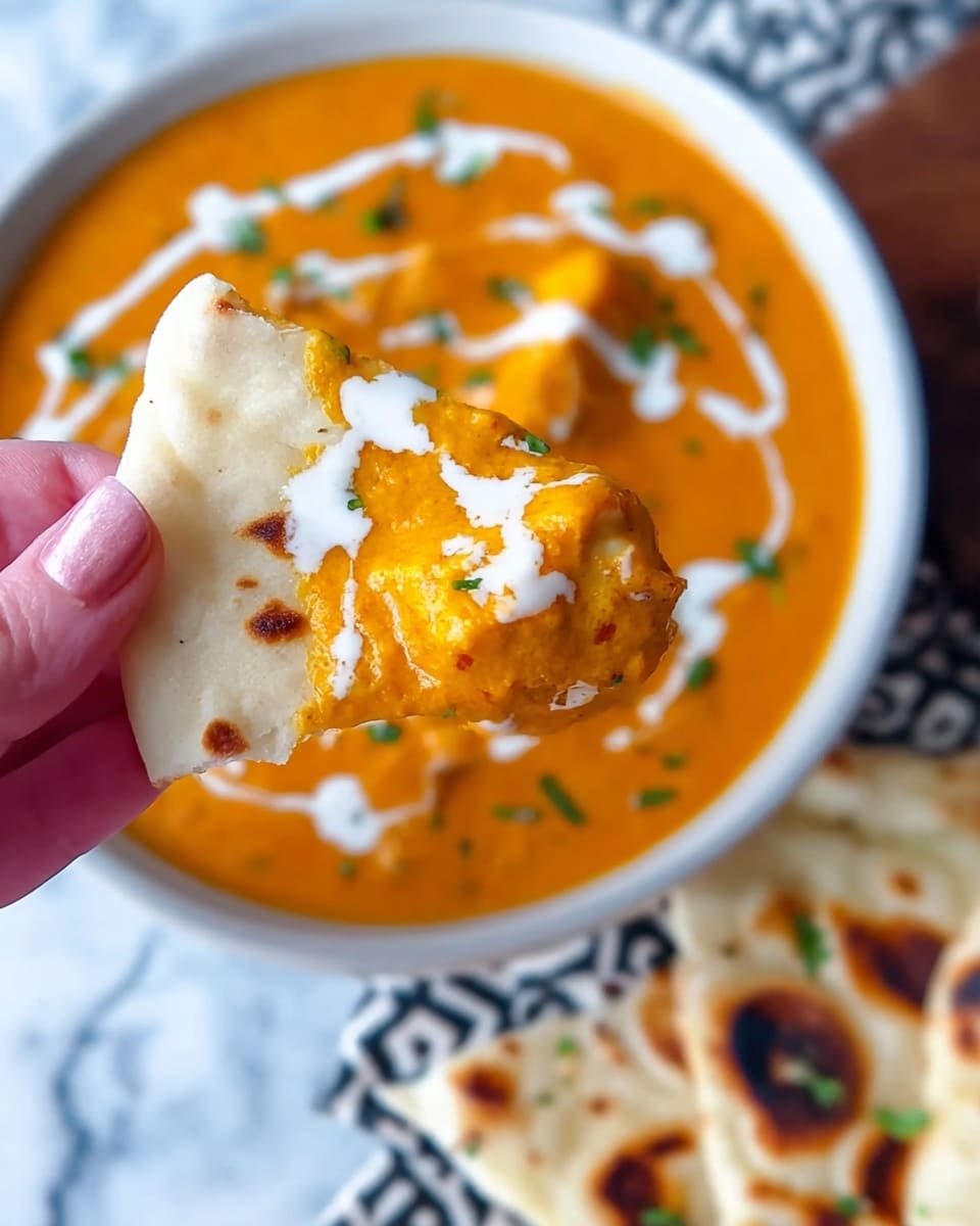 A close-up shows a woman's hand holding a piece of white flatbread dipped in thick, creamy orange curry, with some white cream swirled on top and small green garnish bits scattered. The flatbread piece has a smooth white center with light brown toasted spots on the edges and is coated halfway with the curry. Behind, a round white bowl filled with the bright orange curry sits on a white marbled textured surface, topped with more swirls of white cream and green herb sprinkles. At the bottom right, part of a white flatbread with brown grilled spots and green garnish is visible. photo taken with an iphone --ar 4:5 --v 7