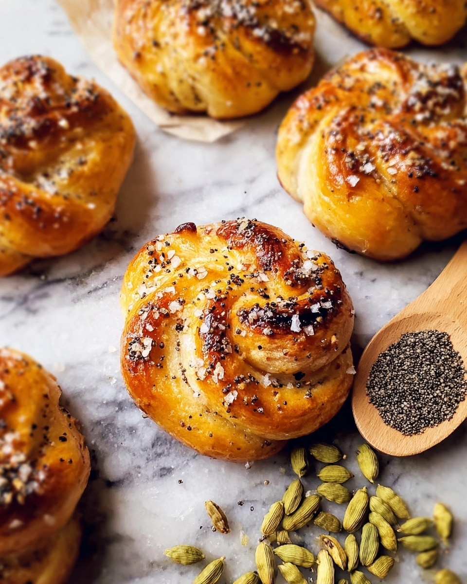 The image shows small, round, golden brown twisted buns with a shiny, slightly crisp outer layer speckled with coarse sea salt and black pepper bits. Each bun has about three visible twisted dough layers, with the dark spices embedded mainly on the top and sides, creating a textured look. The buns rest on a white marbled surface, with a wooden spoon filled with ground black pepper and scattered green cardamom pods nearby in the lower right corner, adding contrast to the warm tones of the buns. Photo taken with an iphone --ar 4:5 --v 7
