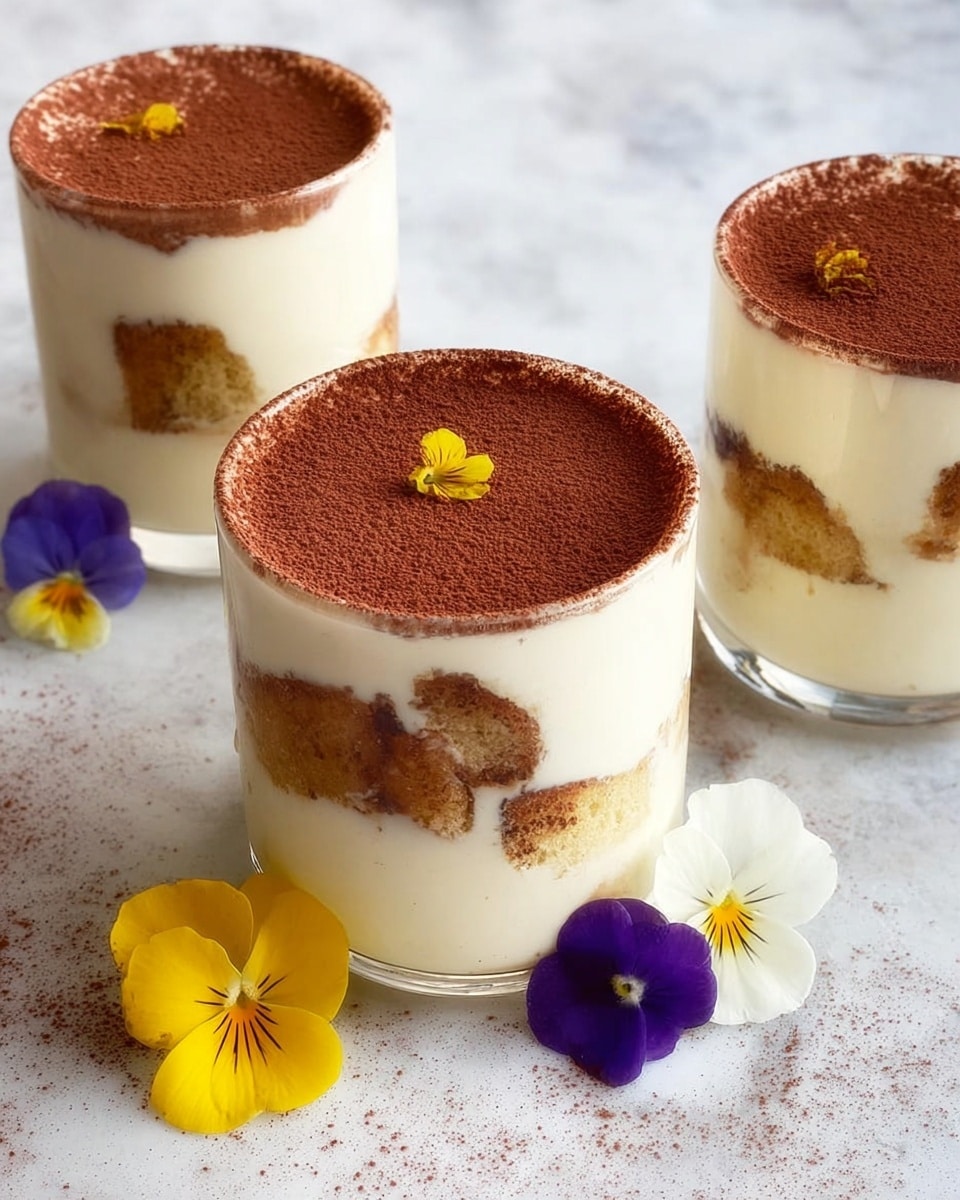 The image shows three clear glasses filled with a creamy layered dessert. Each glass has visible layers of light brown soaked cake pieces embedded in a thick, smooth, off-white cream. The top layer is dusted with a fine, rich brown powder, likely cocoa, covering the full surface evenly with a slightly uneven texture. The glasses are placed on a white marbled surface, and three small edible flowers in yellow, purple, and white colors are arranged around the front glass, adding a bright contrast. Photo taken with an iphone --ar 4:5 --v 7