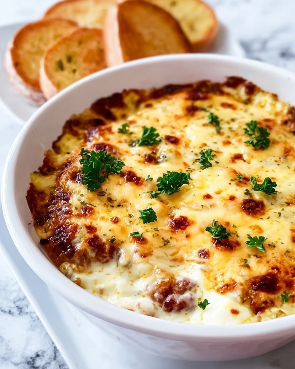 A white bowl filled with a baked dish showing three main layers: the top layer is golden-brown melted cheese with some dark spots from baking, sprinkled with small green parsley leaves; beneath is a creamy white sauce layer that looks thick and smooth; the bottom layer appears to have chunks of browned ingredients, possibly meat or vegetables, peeking through the sauce. In the background, there are two round toasted pieces of bread placed on a white marbled surface. photo taken with an iphone --ar 4:5 --v 7