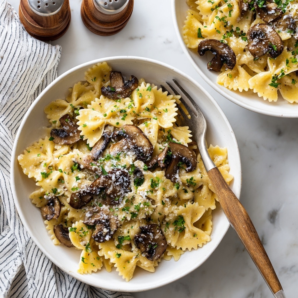 A close-up view of two white bowls filled with creamy yellow pasta with wavy edges, mixed with thin dark brown slices of mushrooms scattered throughout. The top layer of pasta is lightly sprinkled with grated white cheese. One white bowl is centered in the image with a wooden-handled fork resting inside on the left side, and the second bowl is partially visible at the bottom right corner. The background is a white marbled texture with a striped cloth napkin visible on the left and salt and pepper shakers on the upper right. Photo taken with an iphone --ar 4:5 --v 7