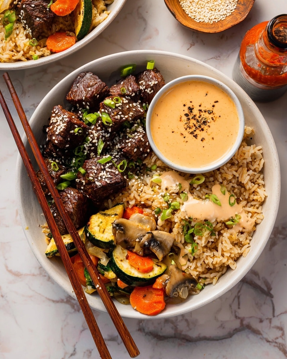 A white bowl holds a colorful meal with three main sections: on the left, dark brown grilled beef cubes topped with white sesame seeds and small green herb pieces; on the right, a mound of light brown fried rice mixed with small bits of orange carrot and green scallions; at the bottom, a mix of sautéed vegetables including orange carrot slices, green zucchini, and light brown mushrooms, all lightly drizzled with a creamy beige sauce. In the center top of the bowl is a small round container filled with smooth, creamy orange dipping sauce with black pepper sprinkled on top. Two brown wooden chopsticks rest diagonally across the bowl. The bowl sits on a white marbled surface next to a small bowl of sesame seeds and a bottle of sauce. photo taken with an iphone --ar 4:5 --v 7