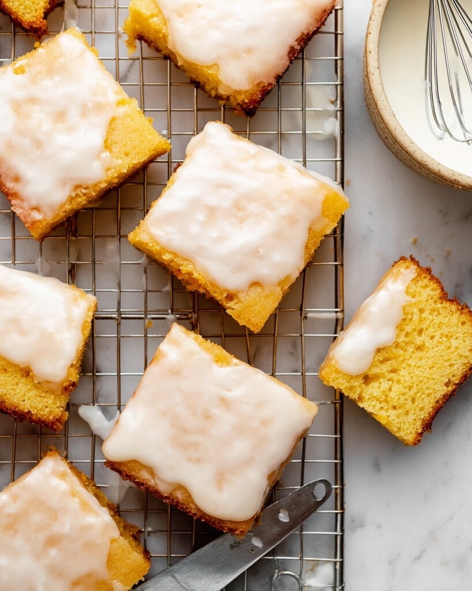 The image shows several square pieces of yellow cake with a smooth white glaze on top, laid out on a silver cooling rack. Each cake square has one noticeable layer of moist cake underneath the shiny, slightly thick white glaze layer. The edges of the cake pieces are golden brown and look slightly crispy. To the side, there is a white bowl with some remaining white glaze and a small metal whisk inside it, sitting on a white marbled surface. The overall setting includes a lightly worn silver spatula on the rack among the cake pieces. photo taken with an iphone --ar 4:5 --v 7