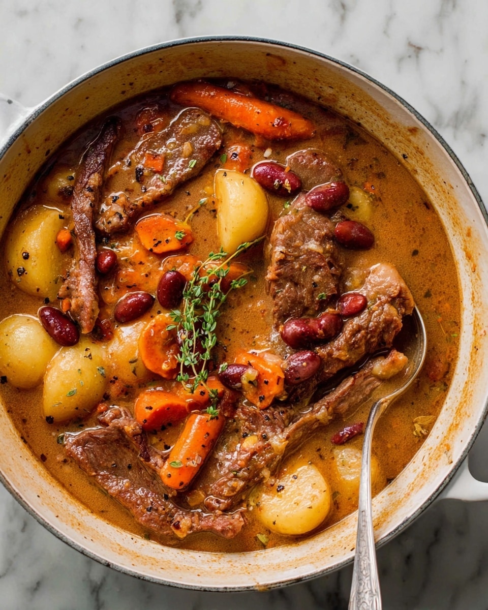 A white pot filled with a rich brown stew, showing three main layers starting with large pieces of tender brown meat spread across the bottom, followed by bright orange carrot chunks, golden irregular potato pieces, and red kidney beans scattered on top, all mixed in a thick creamy brown gravy with visible herbs and black pepper. A silver spoon rests inside the stew on the right side, and there is a sprig of green thyme placed near the center. The background is a white marbled texture. photo taken with an iphone --ar 4:5 --v 7