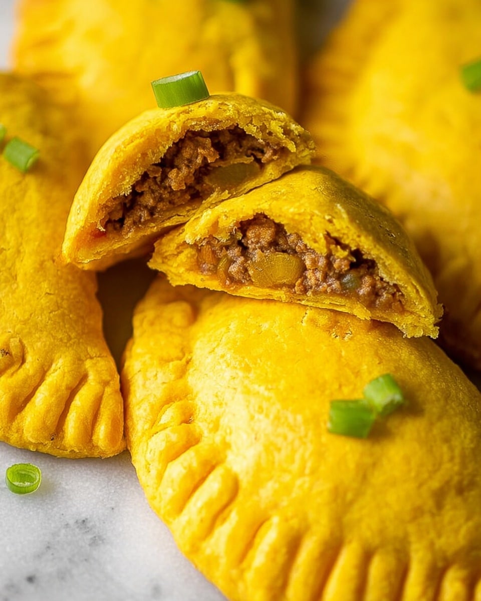 The image shows several golden-yellow empanadas with a smooth, slightly crimped crust on the edges. One empanada is cut in half, revealing a thick filling inside made of finely chopped meat and small pieces of onion, with a moist, textured look. The empanadas are placed closely together on a white marbled texture surface. Some pieces of sliced green onion garnish the empanadas, adding small pops of fresh green color. The light highlights the soft texture of the dough and the rich filling inside, creating a warm and appetizing appearance. photo taken with an iphone --ar 4:5 --v 7