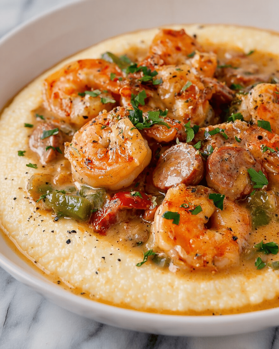 A white plate holds a dish with two main layers: the bottom layer is creamy and smooth, pale yellow grits spread evenly across the plate. The top layer features plump, orange shrimp with a slight curve, mixed with slices of browned sausage, green bell peppers, and onions all coated in a creamy, light brown sauce. Small bits of fresh green herbs are sprinkled on top, and cracked black pepper adds specks of dark contrast. The dish sits on a white marbled surface. photo taken with an iphone --ar 4:5 --v 7