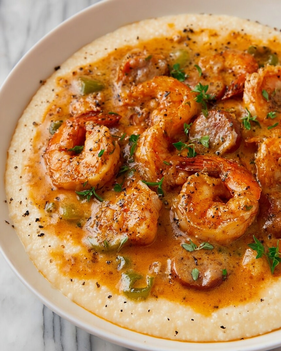 This dish shows a white plate filled with a creamy, off-white base layer of grits with a smooth texture. On top, there is a rich orange-brown sauce mixed with cooked shrimp, golden-orange in color with curled shapes, and slices of browned sausage that have a soft, rounded texture. Small green pieces, likely herbs or slices of pepper, are scattered throughout the sauce. The dish is finished with a sprinkling of black pepper and small green herb leaves for garnish. The surface below the plate is a white marbled texture. Photo taken with an iphone --ar 4:5 --v 7