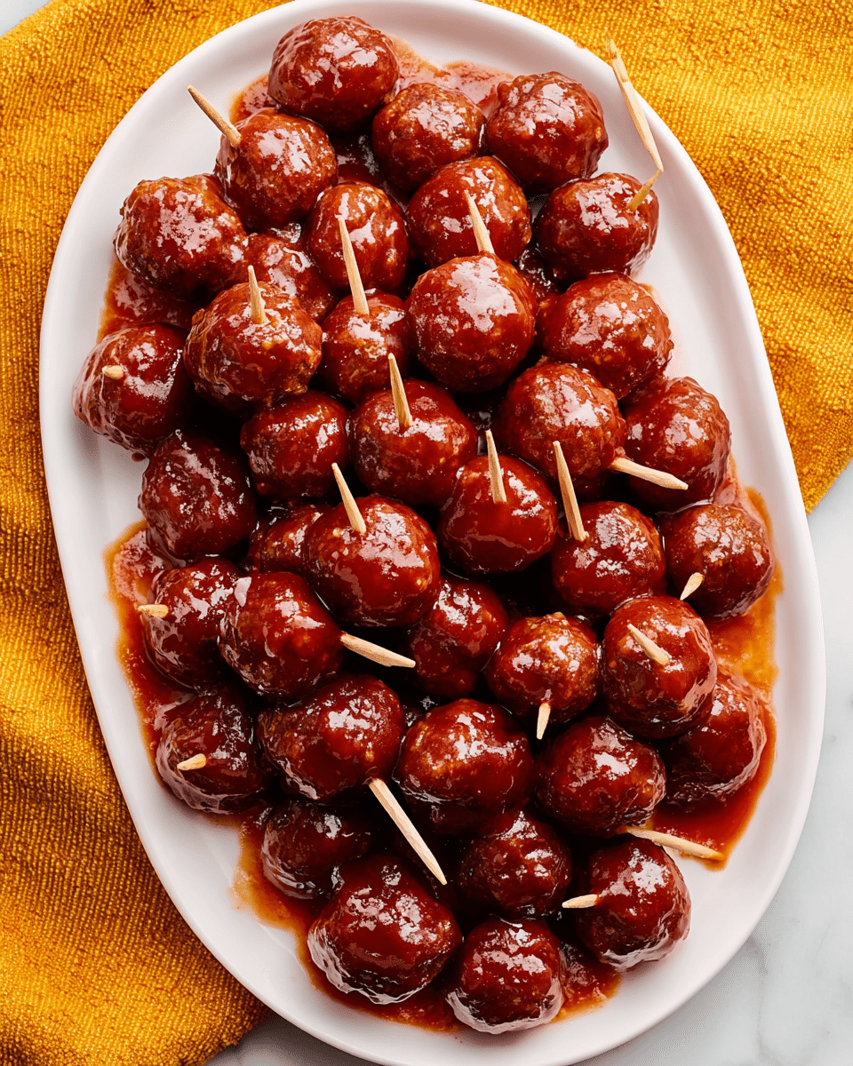 A white oval plate is heaped with around forty glossy meatballs covered in thick, shiny reddish-brown sauce that pools slightly at the base of the plate. Some meatballs have wooden toothpicks inserted for easy picking, breaking up the pile. The meatballs have a textured surface beneath the sauce, and the sauce has a rich, smooth look with a slight sheen. The plate is set on a white marbled texture with a mustard yellow textured cloth peeking from the sides, adding warmth to the scene photo taken with an iphone --ar 4:5 --v 7