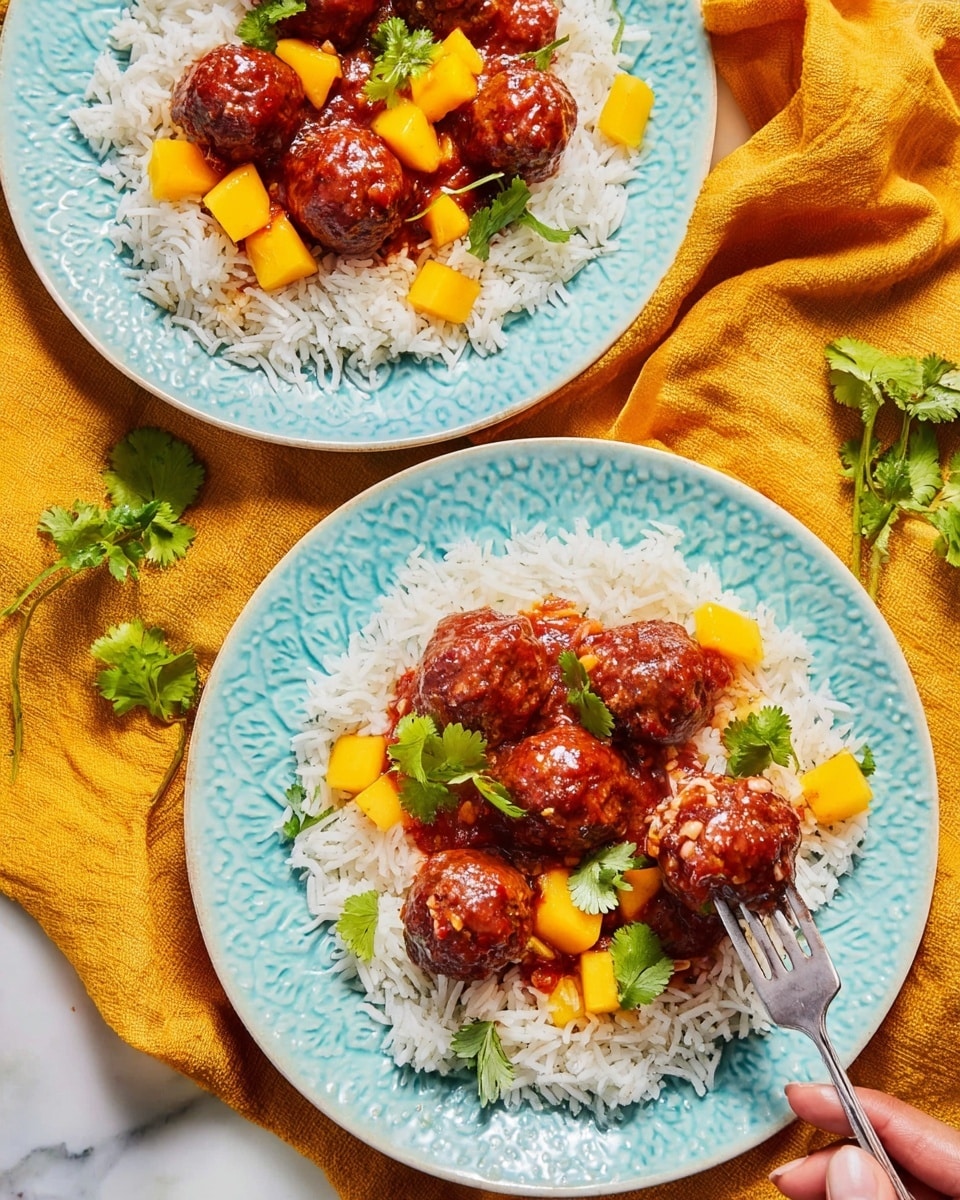 Two light blue patterned plates sit on a white marbled surface over mustard yellow cloth. Each plate has one layer of white rice spread in a rough circle. On top, there is a second layer of small round meatballs coated in shiny red sauce. Scattered over the meatballs are small chunks of bright yellow mango and sprigs of green cilantro. One plate has a silver fork with a woman's hand holding a fork lifting a meatball covered in sauce. The scene is bright with rich colors and a clean, fresh look. photo taken with an iphone --ar 4:5 --v 7