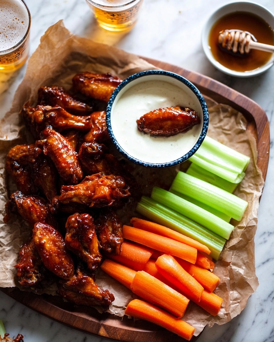 A wooden board lined with crumpled brown paper holds a pile of glossy, dark reddish-brown glazed chicken wings on the left side, showing a sticky texture and slight charring. On the right side, there are bright orange carrot sticks and light green celery sticks arranged in neat bundles. A white cup with a blue rim is filled with a thick, creamy white dipping sauce, with one carrot stick dipped inside. In the background, a small white bowl contains dark honey with a wooden honey dipper. The scene is placed on a white marbled texture and two glasses of frothy beer are partially visible on the edges. Photo taken with an iphone --ar 4:5 --v 7