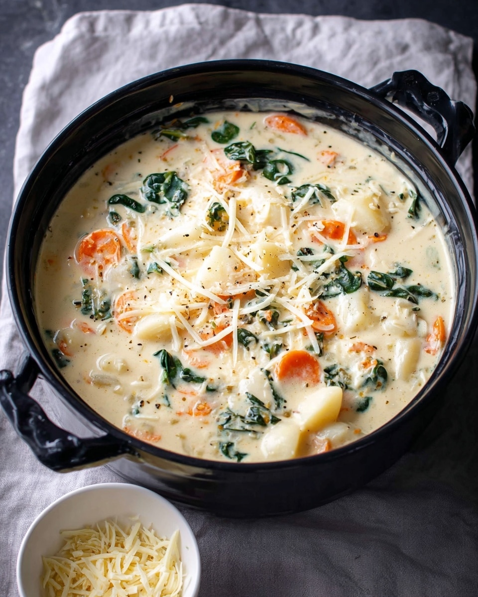 A black pot filled with creamy white soup showing three main layers: a smooth white creamy base, scattered bright orange carrot slices, chunks of white potatoes, and dark green leafy spinach all mixed throughout. Some thin white shreds of cheese are lightly sprinkled on top. Beneath the pot is a small white bowl filled with grated pale yellow cheese. The surface under the pot and bowl is a soft grey cloth, but imagine a white marbled texture instead. photo taken with an iphone --ar 4:5 --v 7