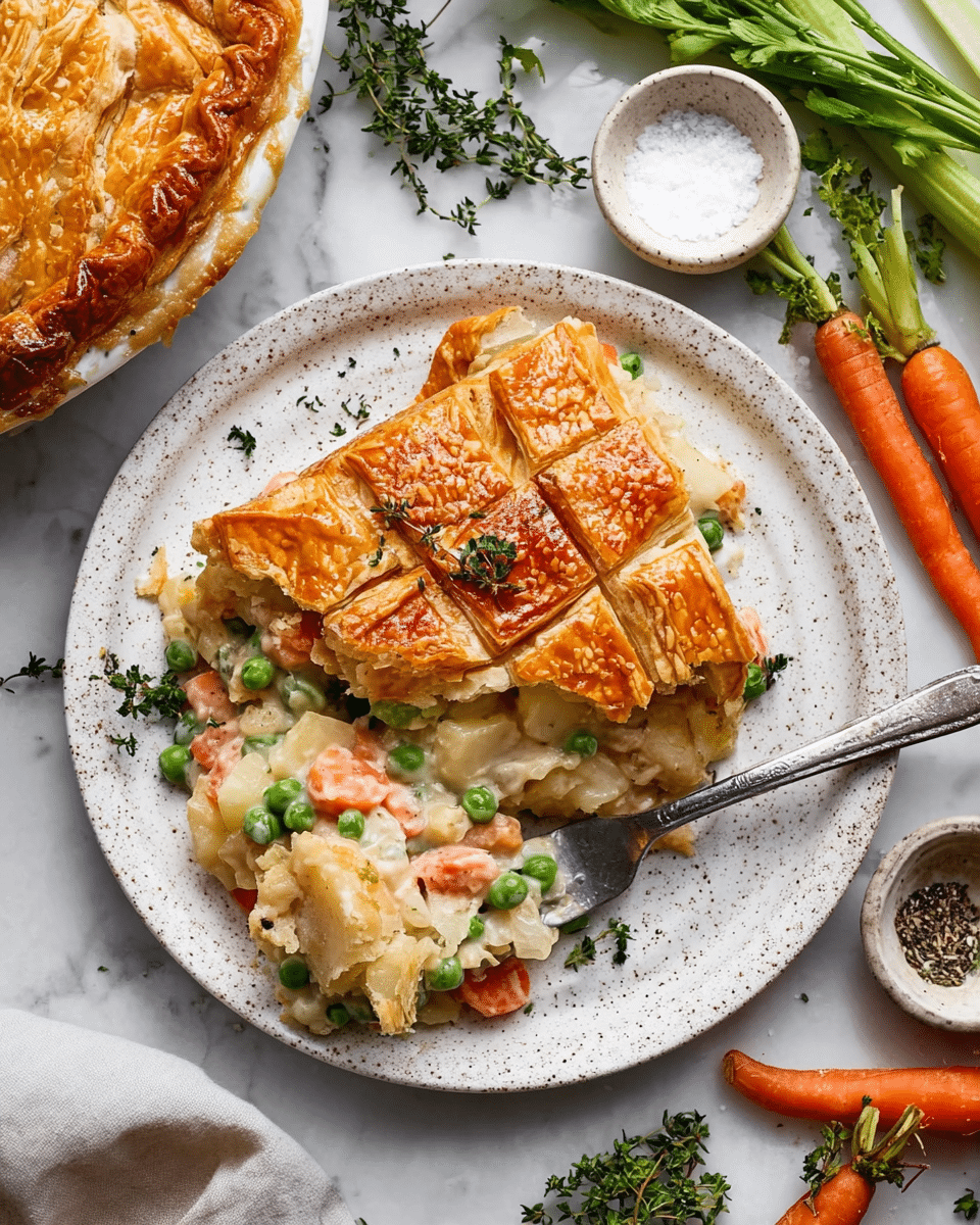A white speckled plate holds a serving of golden brown, crispy pie crust with a lattice pattern on top. Underneath, a creamy layer with mixed vegetables is visible, including green peas, sliced carrots, and small chunks of potatoes, all coated in a thick sauce. The filling looks soft and rich with bits of green herbs sprinkled throughout. A fork rests on the plate, partly touching the pie filling. Around the plate, fresh carrots, celery stalks, thyme sprigs, and small white bowls with salt and pepper sit on a white marbled surface. Photo taken with an iphone --ar 4:5 --v 7