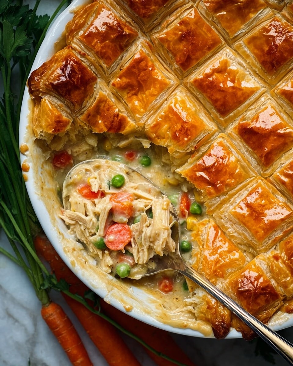 A white round dish is filled with a creamy chicken pot pie featuring a golden-brown puff pastry top cut into small square pieces. The crust is flaky and shiny with a slightly uneven texture. A spoon lifts a scoop revealing the inside layers: shredded chicken mixed with tender diced carrots, green peas, and small bits of celery in a thick beige sauce. The creamy filling contrasts with the crispy top crust. The dish rests on a white marbled surface with some green vegetable leaves and an orange root partially visible. photo taken with an iphone --ar 4:5 --v 7