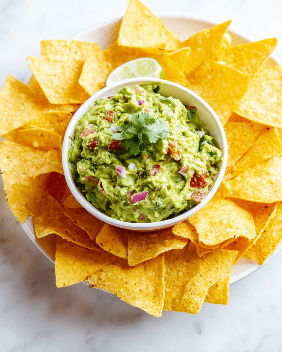 A white bowl filled with chunky green guacamole showing bits of red tomato, small pieces of white onion, and green cilantro mixed in, topped with a small sprig of cilantro in the center; the bowl rests on a white marbled surface surrounded by several light brown tortilla chips, with one chip dipped partially into the guacamole. photo taken with an iphone --ar 4:5 --v 7