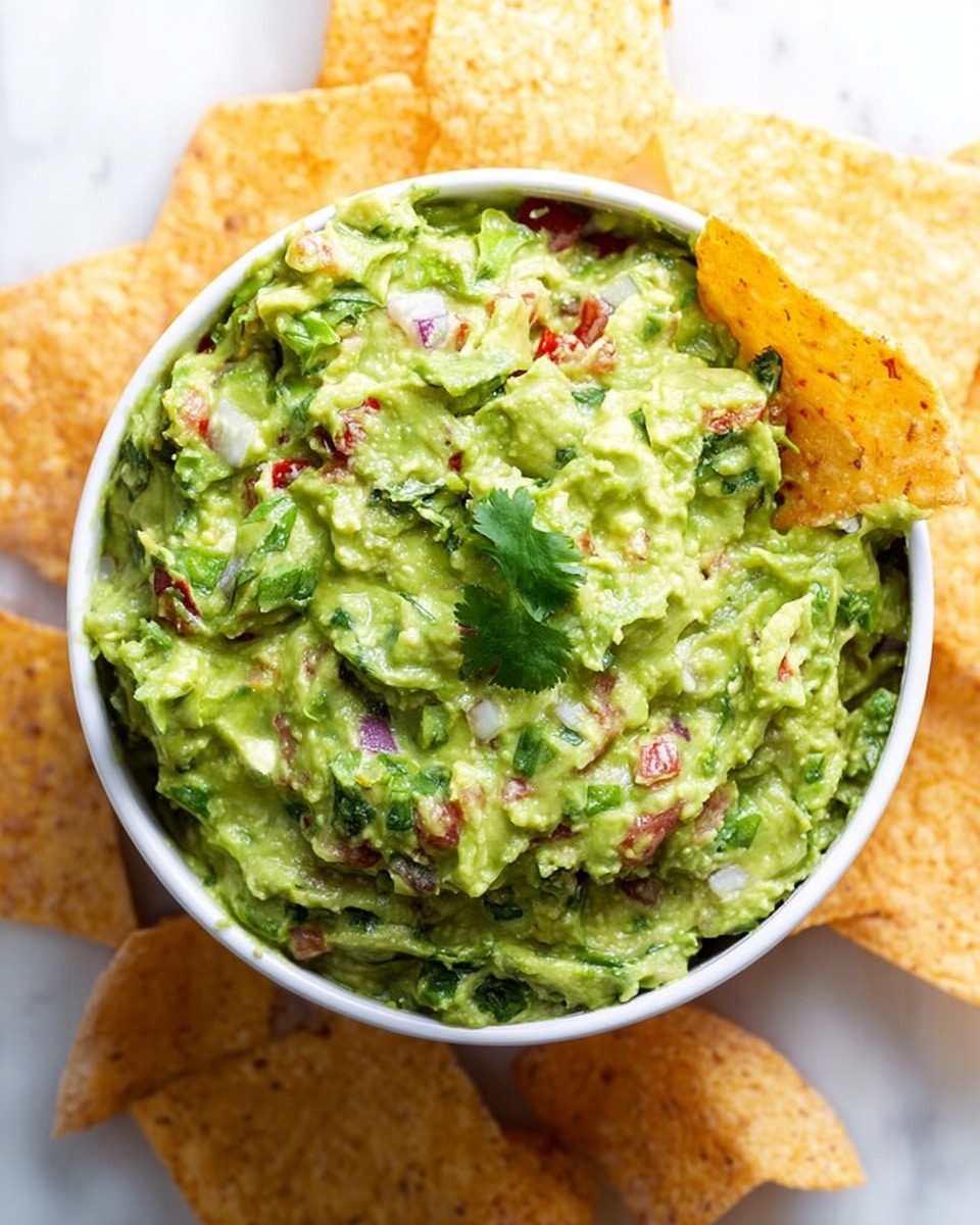 A white bowl filled with chunky green guacamole mixed with small pieces of red onion, tomato, and cilantro, topped with a sprig of fresh cilantro in the center. The bowl sits on a white plate layered with golden-yellow tortilla chips spread around it, some chips overlapping and others arranged neatly. A piece of lime wedge peeks out from under the plate on a white marbled surface. photo taken with an iphone --ar 4:5 --v 7