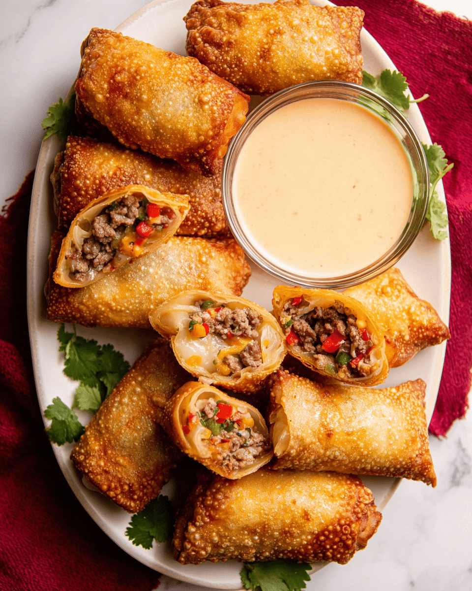 The image shows a white oval plate filled with golden-brown fried egg rolls arranged in a stacked pattern. Some egg rolls are whole with a crisp, bubbly texture on the surface, while others are cut in half, revealing a filling of ground meat mixed with small red and green bell pepper pieces and melted cheese, which looks stringy and gooey inside. The egg rolls are clustered around a clear glass bowl of creamy light orange dipping sauce placed near the center of the plate. There are a few green cilantro leaves used as garnish around the edges of the plate. The plate is set on a white marbled surface with a deep red cloth partially visible underneath it. Photo taken with an iphone --ar 4:5 --v 7
