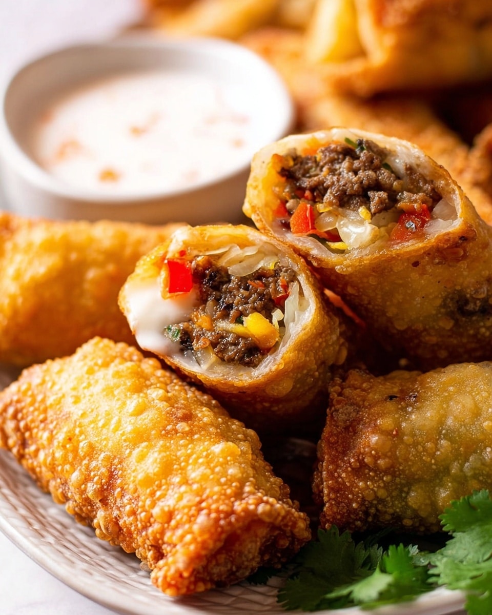 A close-up view of several crispy golden-brown egg rolls piled on a white plate with a textured edge, placed on a white marbled surface. The egg rolls are cut in half, showing three main layers inside: a dark brown minced meat layer mixed with small red and yellow bell pepper pieces, a layer of melted white cheese with a smooth texture, and a slightly translucent cabbage layer with a light green hue. The outer layer is crunchy and bubbly with a deep fried texture, wrapping the filling tightly. A small white bowl filled with a creamy white dipping sauce is visible in the background, slightly out of focus. A sprig of fresh green cilantro decorates near the edge of the plate. Photo taken with an iphone --ar 4:5 --v 7