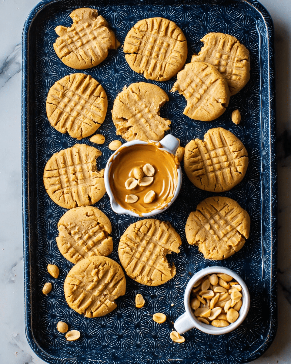 A dark blue speckled baking tray holds twelve round peanut butter cookies with visible fork-pressed grid patterns on top, some partially broken with small cracks, arranged loosely in three rows. In the center of the tray, a white ceramic measuring cup filled with smooth light brown peanut butter topped with a few peanuts sits surrounded by scattered whole and halved peanuts. Another smaller white ceramic measuring cup filled with shelled peanuts is placed at the bottom right of the tray. The whole scene is set against a white marbled textured surface. photo taken with an iphone --ar 4:5 --v 7