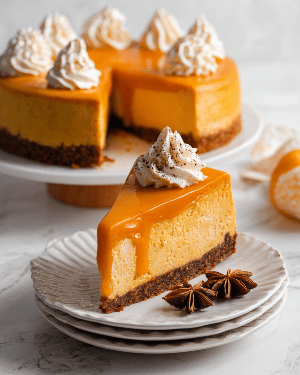 A slice of three-layer pumpkin cheesecake sits on a stack of three white scalloped plates, each layer clearly visible: the bottom is a dark brown crust with a crumbly texture, the middle is a thick, creamy orange pumpkin cheesecake layer, and the top is a glossy, smooth pumpkin glaze that drips slightly down the sides. On top of the slice is a small swirl of white whipped cream with light brown specks. Around the base of the slice on the plates are several star anise pods adding a decorative touch. In the background, part of the remaining cheesecake with the same layers and whipped cream swirls can be seen on a white round plate, against a white marbled surface. photo taken with an iphone --ar 4:5 --v 7