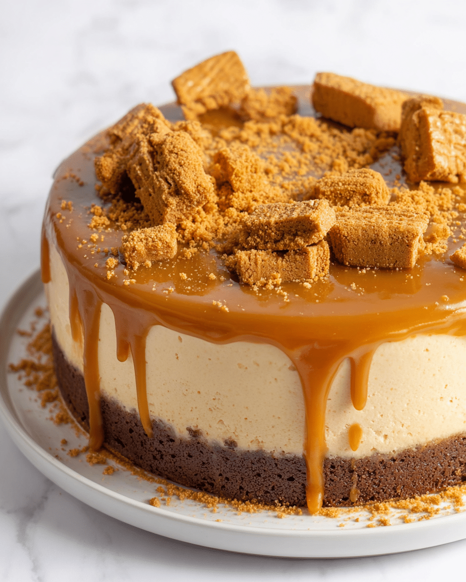 The image shows a round cake with three main layers on a white plate, set on a white marbled surface. The bottom layer is dark brown and crumbly, likely a biscuit or cookie crust. The middle layer is a thick, smooth, pale beige cheesecake filling. The top layer is a glossy caramel-colored sauce that drips slightly down the sides of the cake. On top of the caramel layer, there are several broken biscuit pieces and a generous amount of fine biscuit crumbs scattered mainly around the edges. The biscuits and crumbs are a golden brown color, adding texture and color contrast to the smooth surfaces below. Photo taken with an iphone --ar 4:5 --v 7