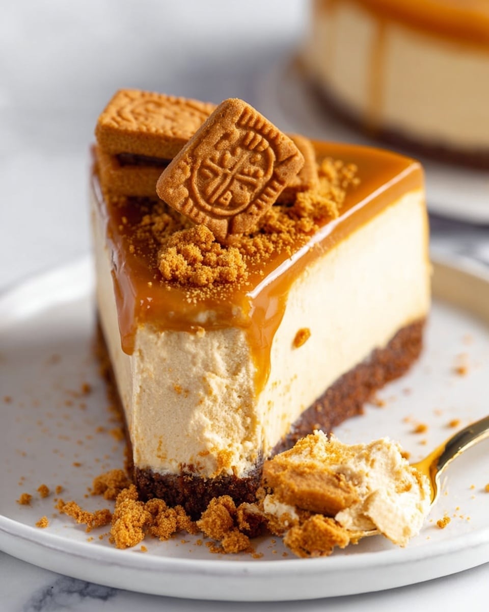 A close-up view of a three-layered dessert slice on a white plate with a white marbled surface. The bottom layer is a dark brown crumbly crust, the middle layer is a thick, smooth, creamy light beige cheesecake, and the top layer is a shiny caramel-like glaze in amber color. The top is decorated with crumbled cookie bits surrounding a whole square cookie in warm brown. Near the slice, a spoon holds a bite-sized portion showing all three layers with some crumbled cookie pieces on top. Photo taken with an iphone --ar 4:5 --v 7