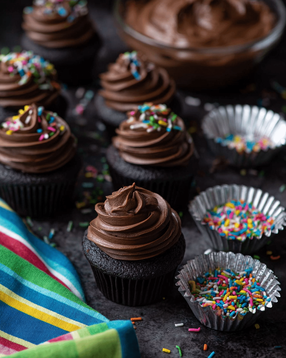 The image shows several dark chocolate cupcakes, each topped with one thick, smooth swirl of glossy chocolate frosting. Some of the cupcakes have bright, multicolored sprinkle toppings, creating a playful contrast against the dark frosting. The cupcakes sit on a dark surface scattered lightly with some sprinkles, with a few silver foil cupcake liners filled with more colorful sprinkles and a striped cloth with green, blue, white, yellow, and red lines placed nearby. In the background, a bowl of chocolate frosting is slightly blurred. The overall look is rich and inviting with a focus on the layers and texture of the cupcakes and frosting. photo taken with an iphone --ar 4:5 --v 7