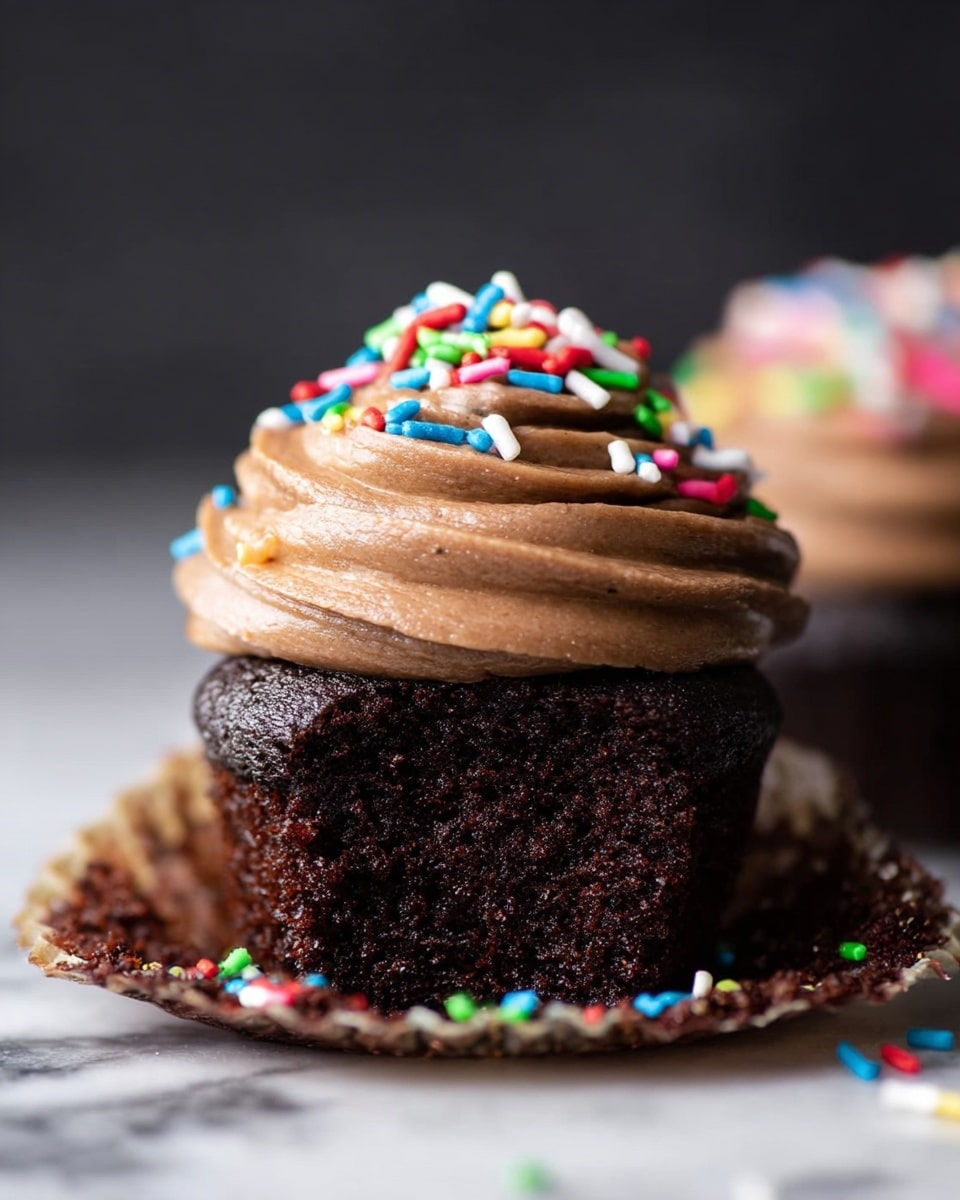 A close-up of a chocolate cupcake with two layers: the bottom is a dark, moist chocolate cake with a slightly rough texture, and the top is a swirl of smooth, light brown chocolate frosting. The frosting is decorated with bright, colorful sprinkles in red, blue, green, yellow, white, and pink. The cupcake wrapper is partially peeled back, showing its dark brown color and some sprinkles caught in it. The background is a white marbled texture that is softly blurred, making the cupcake stand out sharply. photo taken with an iphone --ar 4:5 --v 7
