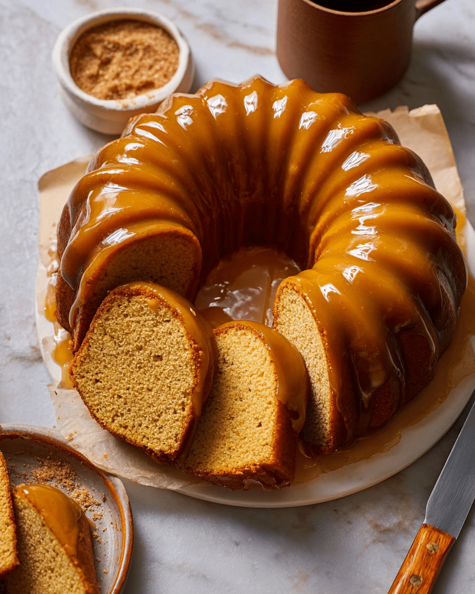 A shiny, golden-brown Bundt cake with a smooth, thick glaze covering its ridged surface sits on a white plate lined with parchment paper. Several slices are cut from the cake, revealing a soft, moist, light brown inside with a fine texture. The cake’s curved layers are thick and even, and the glaze pools slightly in the center hole. Nearby is a small round white bowl with coarse brown sugar and a knife with a wooden handle resting on the white marbled surface. A partially visible brown mug is on the side, adding a cozy touch. photo taken with an iphone --ar 4:5 --v 7