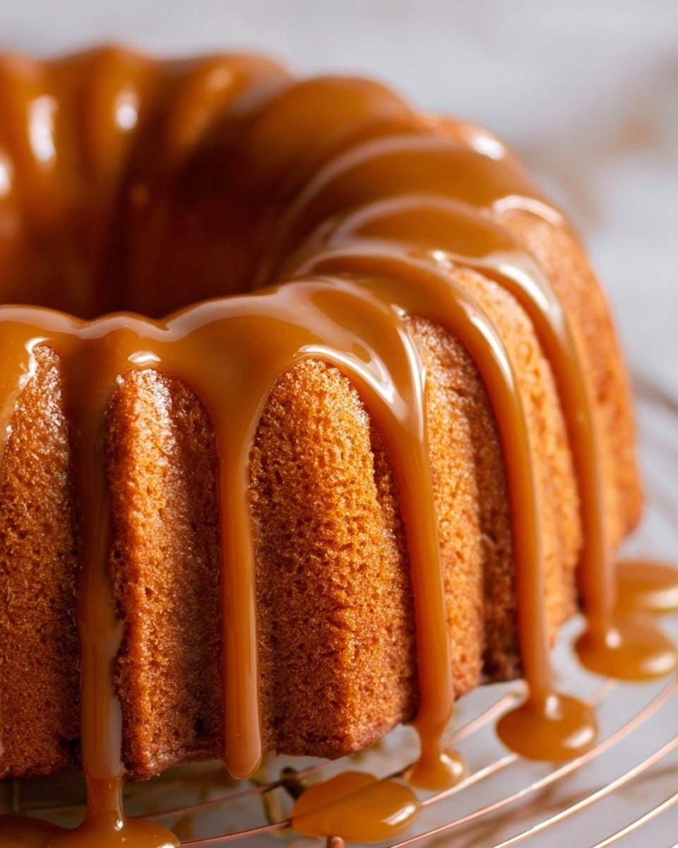 A close-up view of a bundt cake with a thick, shiny caramel glaze dripping down its ridged, golden-brown textured sides in smooth streams that catch the light. The cake sits on a round wire rack with drops of caramel pooling below it. The background is a soft, white marbled texture. photo taken with an iphone --ar 4:5 --v 7