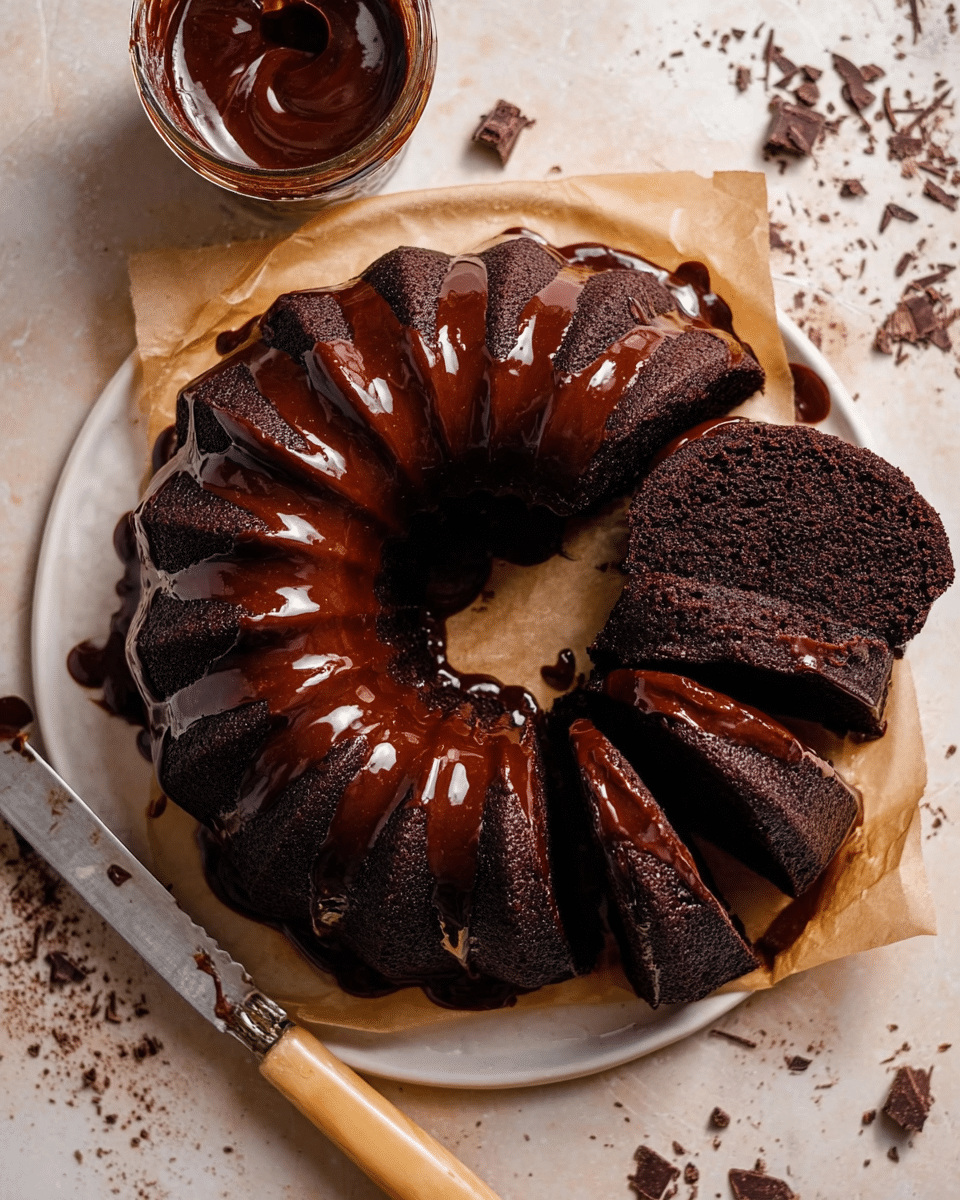 A dark chocolate bundt cake is sliced and arranged on a round white plate lined with parchment paper; the cake has a rich, moist texture and is covered with a thick layer of shiny chocolate glaze that drips slightly down each bundt ridge. The glaze pools in the center of the bundt shape, adding depth to the glossy chocolate coating. A knife with a light wooden handle rests beside the cake on the plate, and an open jar of chocolate sauce sits in the top left corner. The scene is set on a white marbled surface, scattered with small chocolate shavings that add detail to the setting. Photo taken with an iphone --ar 4:5 --v 7