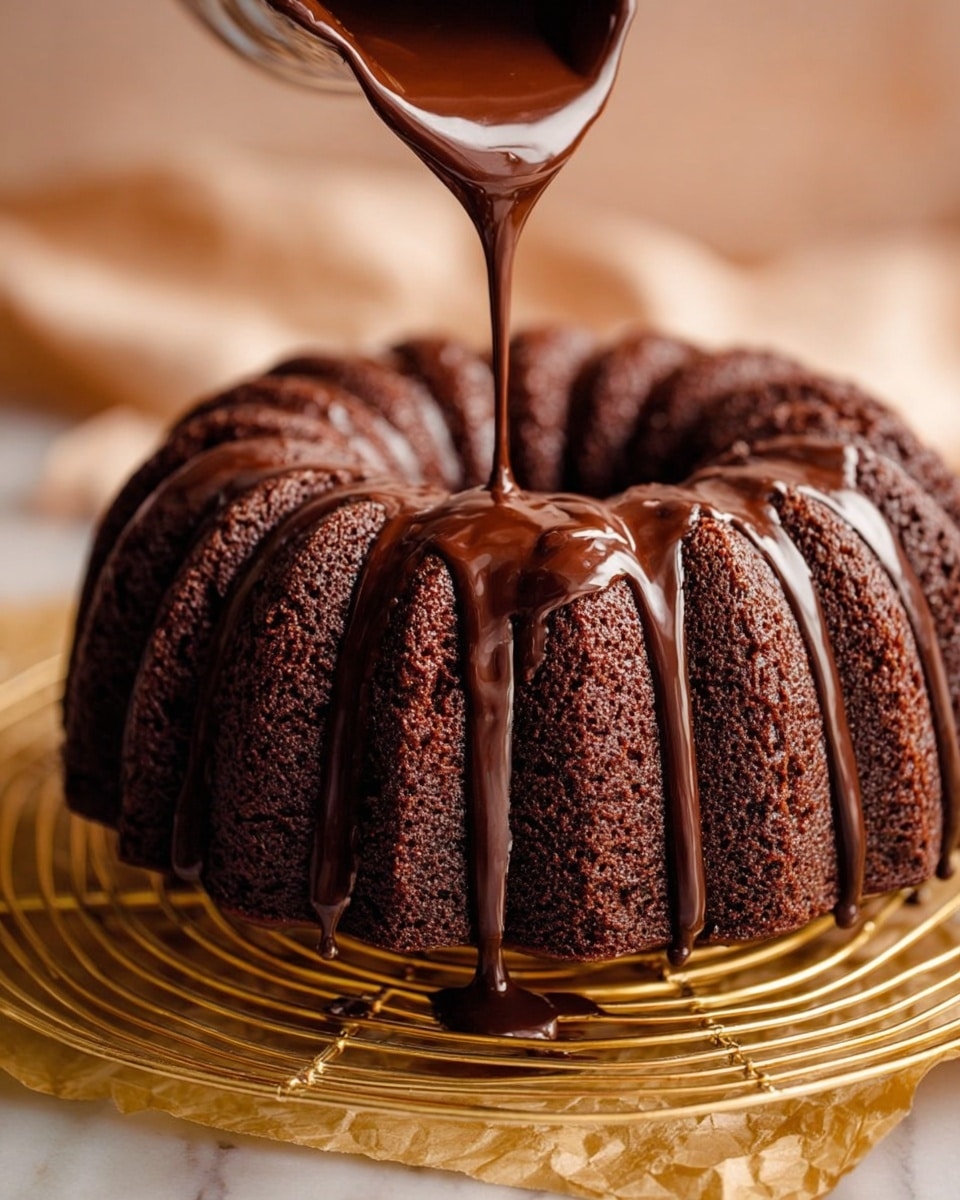 A dark brown chocolate bundt cake with a rough, spongy texture is placed on a gold cooling rack over crumpled yellow paper. Thick, glossy chocolate sauce is being poured from above, flowing slowly down the ridges of the cake, pooling slightly on the rack below. The background features a soft, warm light with a white marbled texture surface underneath. The cake's shape is round with deep grooves creating a ridged pattern around the sides. Photo taken with an iphone --ar 4:5 --v 7