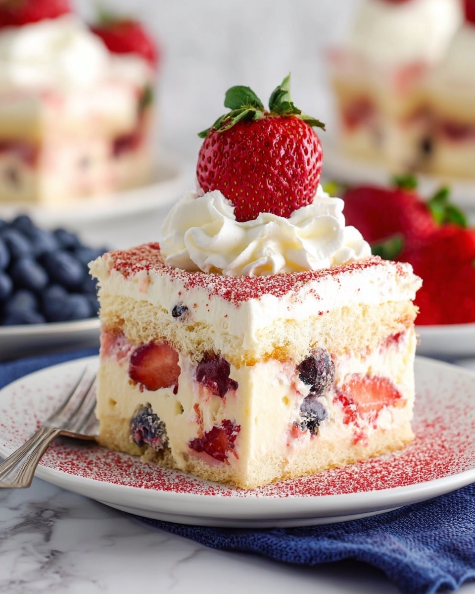 The image shows a square piece of layered cake on a white plate with a fork beside it. The cake has three main layers of light-colored sponge, with creamy yellow filling and mixed berries like blueberries and strawberries between each layer. The top layer is covered with a dusting of dark red powder, topped with a swirl of white whipped cream and a halved fresh strawberry placed on top. The plate sits on a blue cloth napkin, with scattered fresh raspberries, strawberries, and blueberries around it, all on a white marbled surface. Photo taken with an iphone --ar 4:5 --v 7