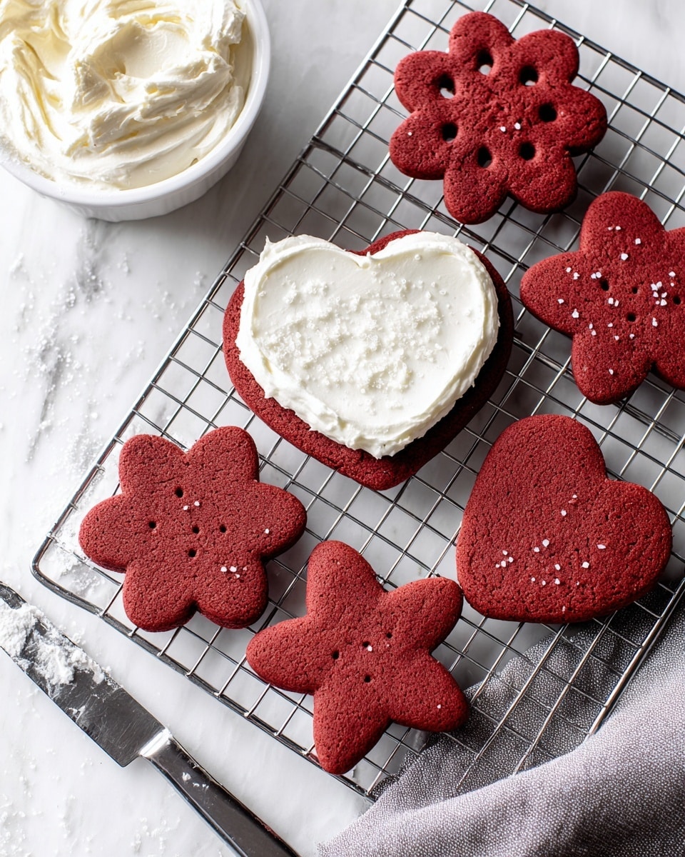 The image shows seven red velvet cookies shaped like flowers, stars, and a heart, arranged on a silver cooling rack over a white marbled surface. Six of the cookies are plain with small holes across their surfaces, and one cookie has a thick layer of white frosting spread evenly on top, sprinkled lightly with what looks like sugar crystals. To the side, there is a white bowl filled with more frosting and a dirty knife with frosting on its blade resting on a crumpled gray cloth. Photo taken with an iphone --ar 4:5 --v 7