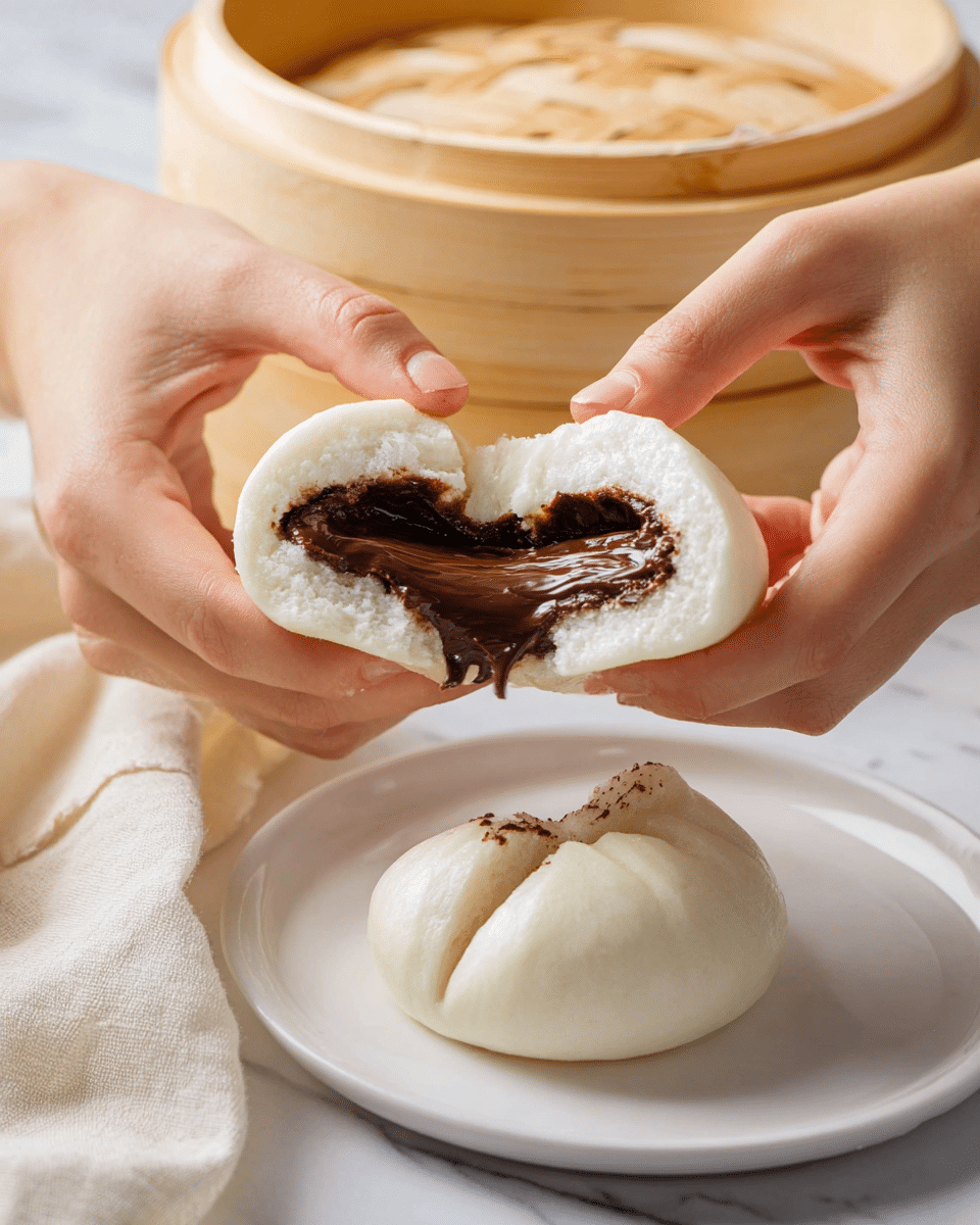 A pair of woman's hands gently pull apart a soft, white steamed bun revealing a thick, glossy dark brown chocolate filling inside. The bun has a smooth, fluffy outer layer and a soft spongy interior. The filling stretches slightly as the bun is pulled, showing its gooey texture. Below the hands is a white plate on a white marbled surface, with a blurred bamboo steamer basket in the background and a light beige cloth adding a touch of warmth. photo taken with an iphone --ar 4:5 --v 7