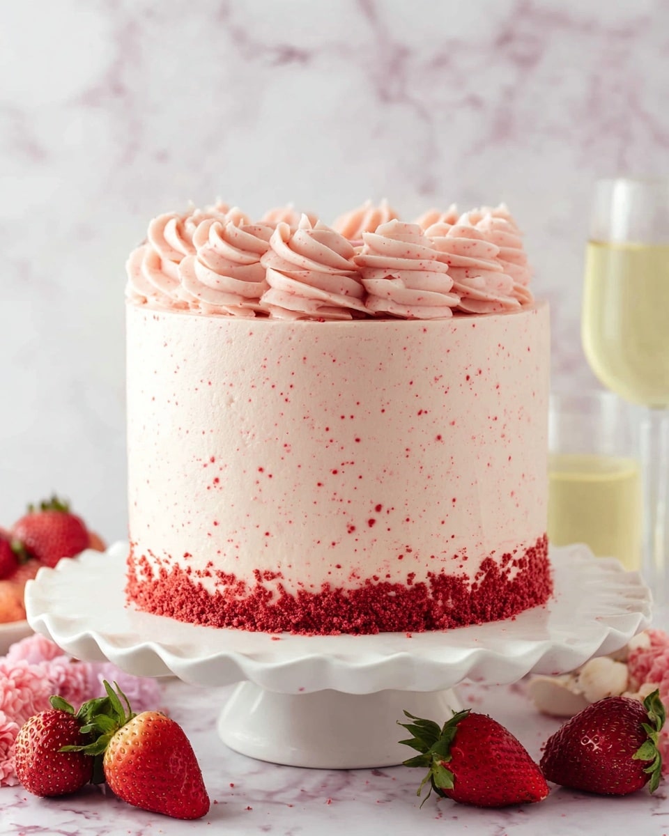 A tall, round cake covered in smooth, pale pink frosting with tiny red specks all over. The cake has two layers, with a generous swirled border of the same pink frosting on top. The base of the cake is decorated with crushed red crumbs. It sits on a white cake stand with a wavy edge, surrounded by fresh strawberries, some whole and some cut in half, placed on a white marbled surface. A glass of pale yellow liquid is seen on the right side. The background shows a soft white marble texture. photo taken with an iphone --ar 4:5 --v 7