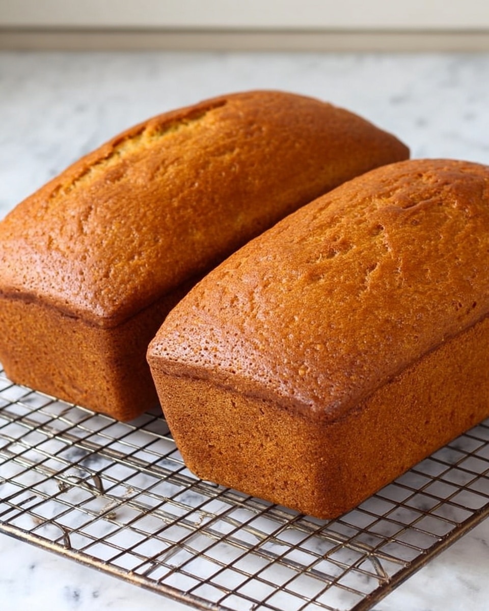 Two golden brown rectangular loaves of bread with slightly cracked tops rest side by side on a dark metal cooling rack. The bread crust appears firm and textured with a warm, even color on all sides. The cooling rack is placed on a white marbled texture surface that brightens the scene. The loaves look fresh and well-baked with a smooth finish on the edges. Photo taken with an iphone --ar 4:5 --v 7