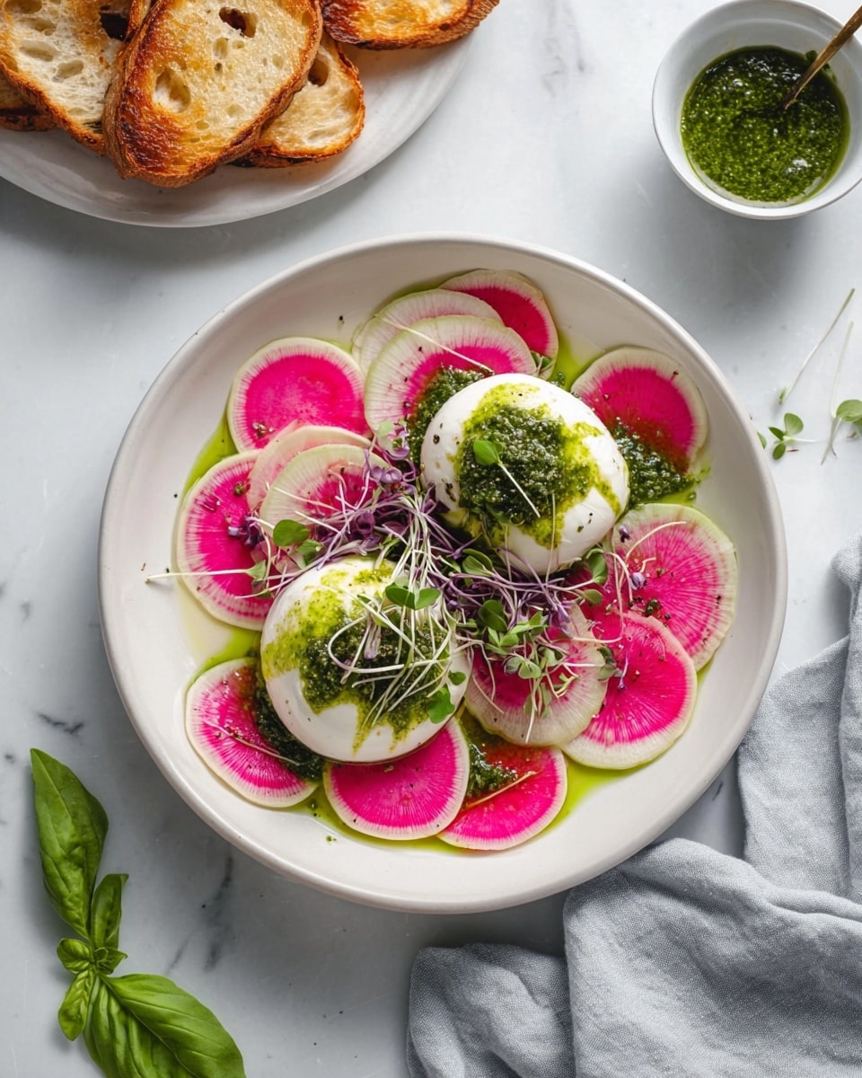 A white bowl holds two smooth, round white dollops of burrata cheese in the center, each topped with a drizzle of bright green pesto sauce and small green microgreens with some purple stems. Thin, round slices of vibrant pink watermelon radish edged in light green form a ring around the burrata along the bowl's edge. Smaller slices of red and white radish are arranged between the watermelon radish slices. The bowl sits on a white marbled surface, with some fresh basil leaves scattered nearby and a small white bowl of green pesto in the background. A white plate with toasted golden-brown bread slices is nearby, and a soft gray cloth lies beneath. photo taken with an iphone --ar 4:5 --v 7