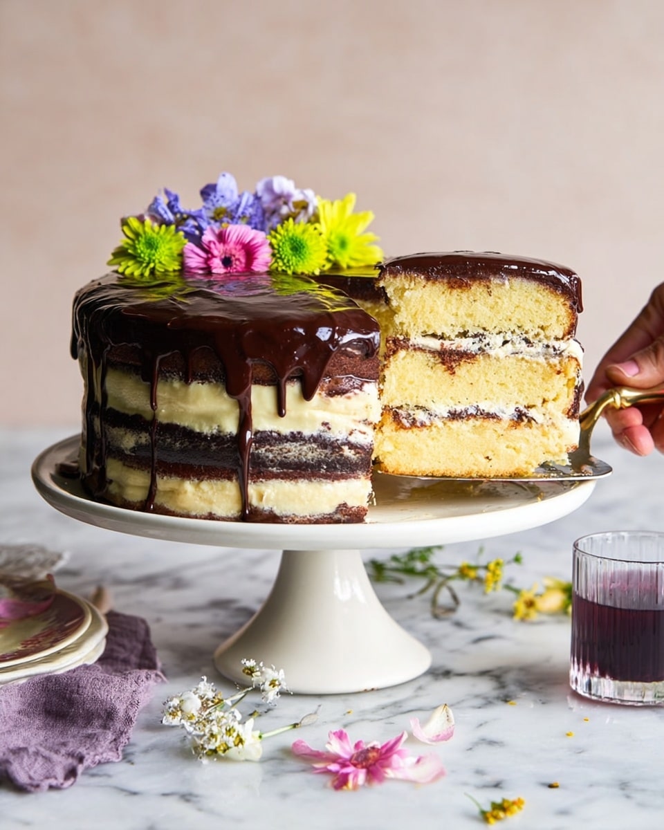 A layered cake with four visible layers: three light yellow sponge cake layers alternated with creamy white frosting layers. The top of the cake is covered in a thick, glossy dark chocolate ganache that drips unevenly down the sides. On top, there is a small cluster of colorful flowers including green, purple, and pink blooms arranged on the right side. A woman’s hand is holding a spatula lifting a slice, revealing the soft texture of the cake and frosting inside. The cake sits on a white pedestal cake stand placed on a white marbled surface with some scattered small flowers and a glass with dark purple liquid in the foreground. Photo taken with an iphone --ar 4:5 --v 7